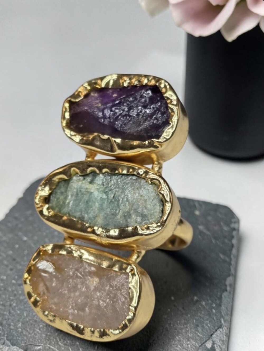 18k Gold Plated Triple Natural Raw Crystal Stone Amethyst Quartz Amazonite Ring